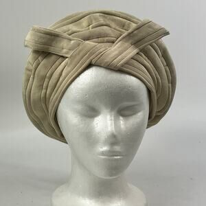 Vtg Brighton Of California Cream Pleated Turban 22.5 Hat Structured Ribbon Bow